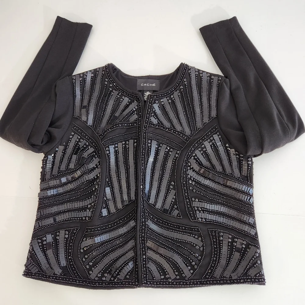 CACHE Embellished Sequin & Beads Evening Dress Black Jacket Medium - Picture 11 of 16